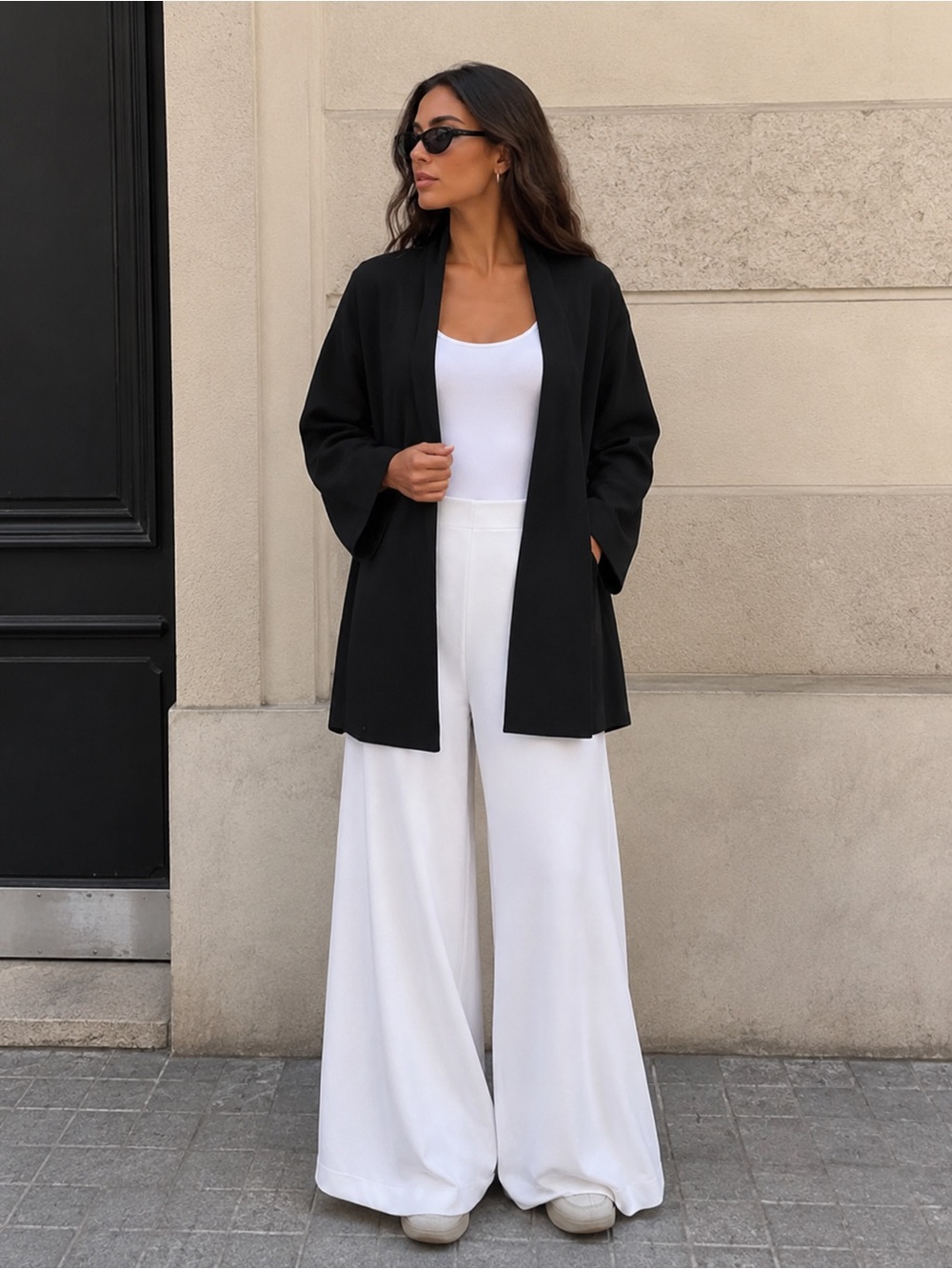 Shamask Women Black Open Front Jacket Coat Minimalist Shawl Collar 3/4 Sleeve xs